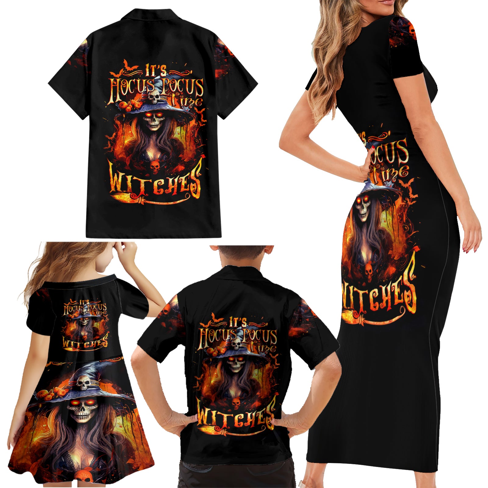 Witch Skull Family Matching Short Sleeve Bodycon Dress and Hawaiian Shirt It's Hocus Pocus Time Witches - Wonder Print Shop