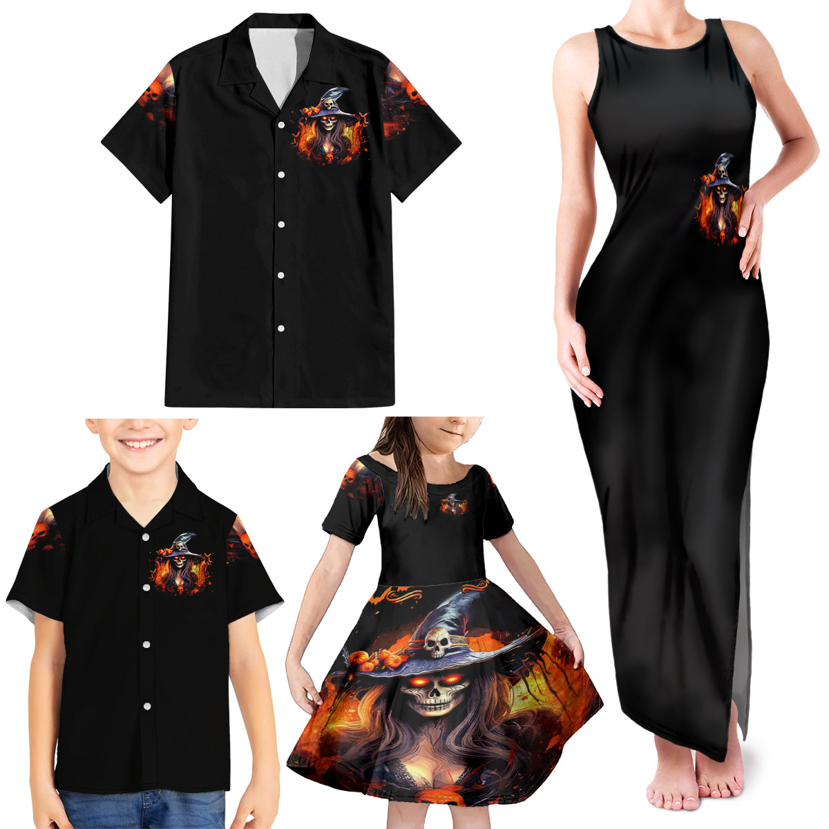 Witch Skull Family Matching Tank Maxi Dress and Hawaiian Shirt It's Hocus Pocus Time Witches - Wonder Print Shop