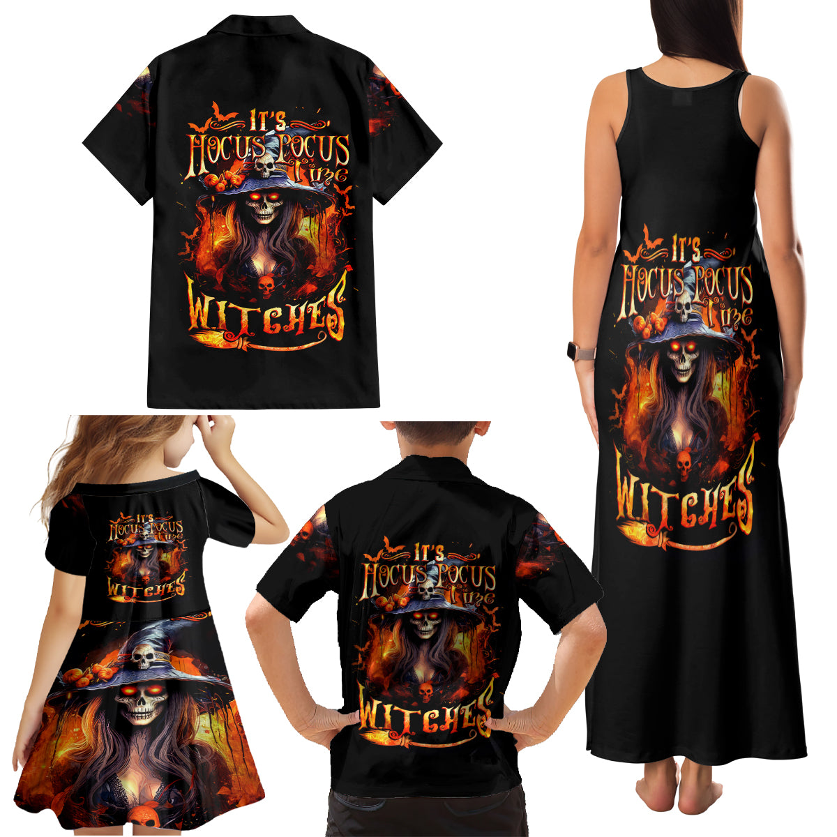 Witch Skull Family Matching Tank Maxi Dress and Hawaiian Shirt It's Hocus Pocus Time Witches - Wonder Print Shop