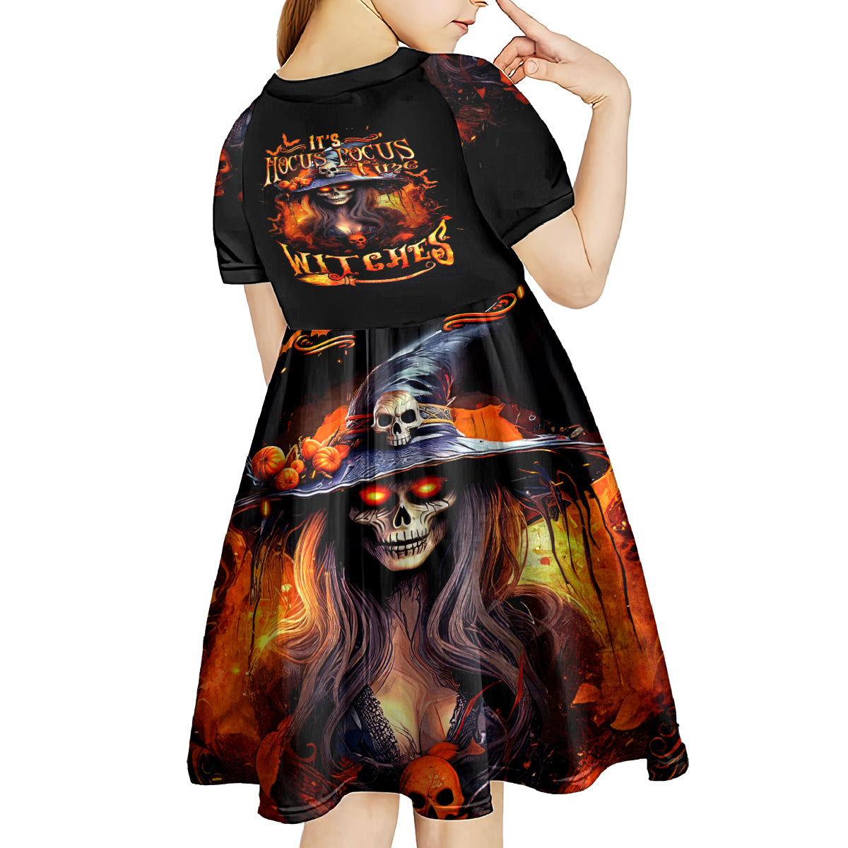 Witch Skull Kid Short Sleeve Dress It's Hocus Pocus Time Witches - Wonder Print Shop