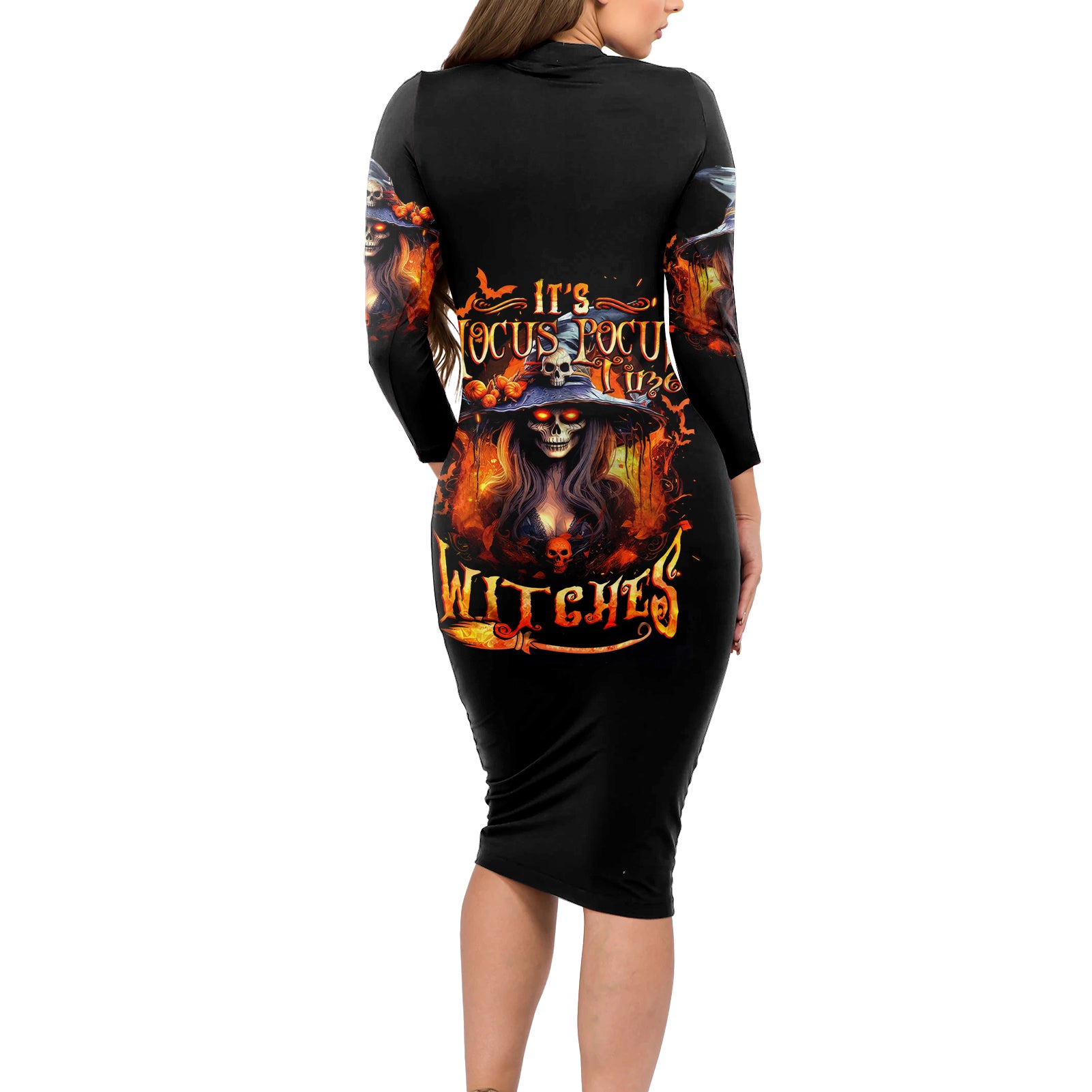 Witch Skull Long Sleeve Bodycon Dress It's Hocus Pocus Time Witches - Wonder Print Shop