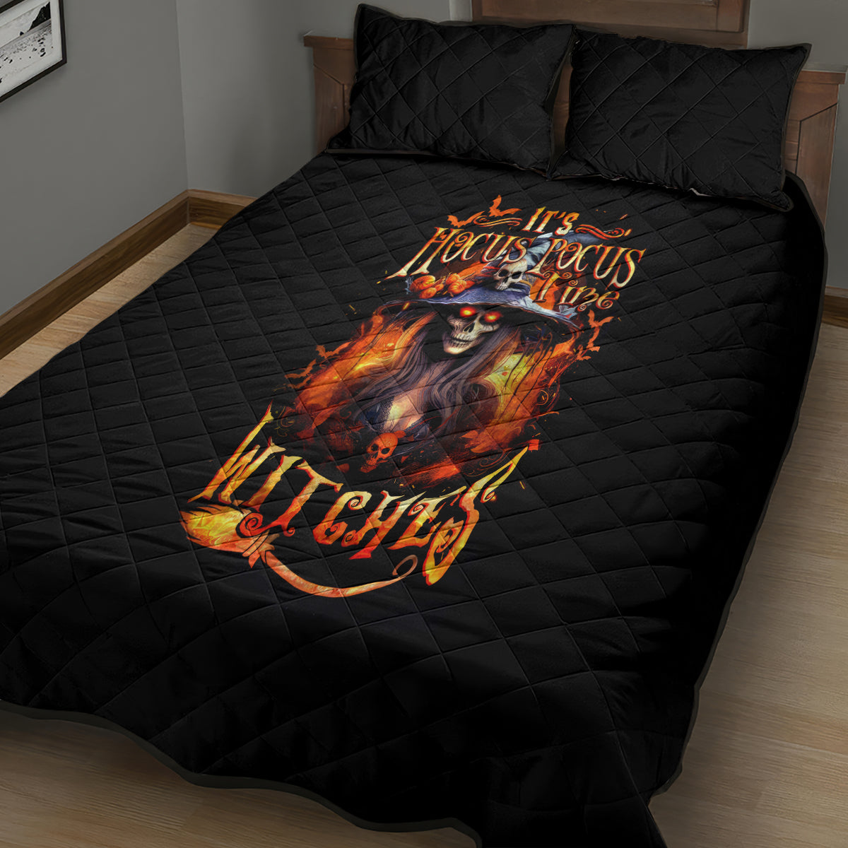 Witch Skull Quilt Bed Set It's Hocus Pocus Time Witches - Wonder Print Shop