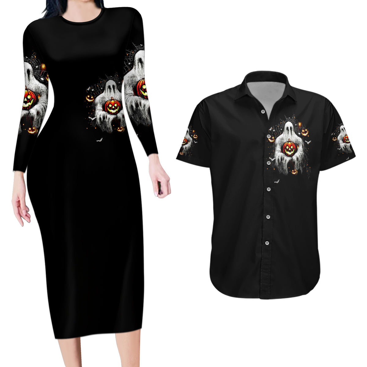 Ghost Halloween Couples Matching Long Sleeve Bodycon Dress and Hawaiian Shirt It's The Most Wonderfull Time Of The Year - Wonder Print Shop
