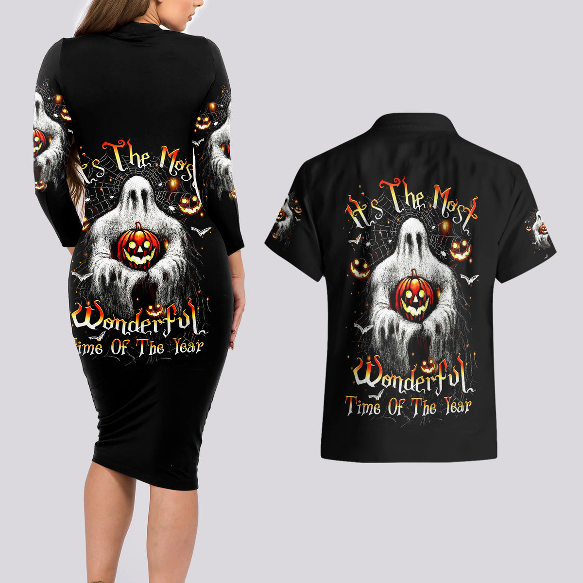 Ghost Halloween Couples Matching Long Sleeve Bodycon Dress and Hawaiian Shirt It's The Most Wonderfull Time Of The Year - Wonder Print Shop