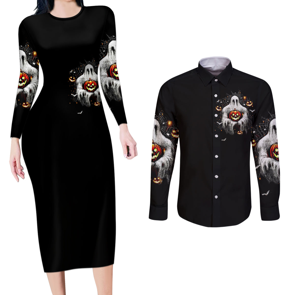 Ghost Halloween Couples Matching Long Sleeve Bodycon Dress and Long Sleeve Button Shirt It's The Most Wonderfull Time Of The Year - Wonder Print Shop