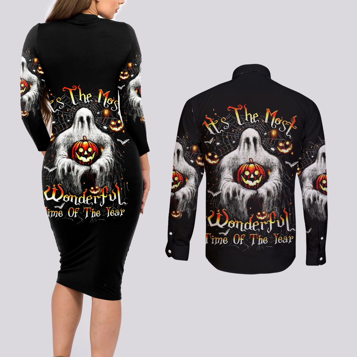 Ghost Halloween Couples Matching Long Sleeve Bodycon Dress and Long Sleeve Button Shirt It's The Most Wonderfull Time Of The Year - Wonder Print Shop