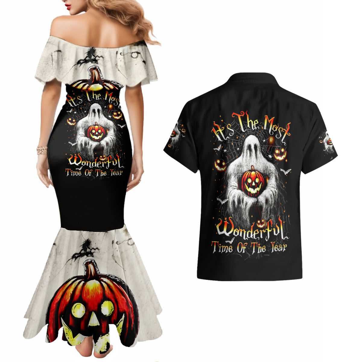 Ghost Halloween Couples Matching Mermaid Dress and Hawaiian Shirt It's The Most Wonderfull Time Of The Year - Wonder Print Shop