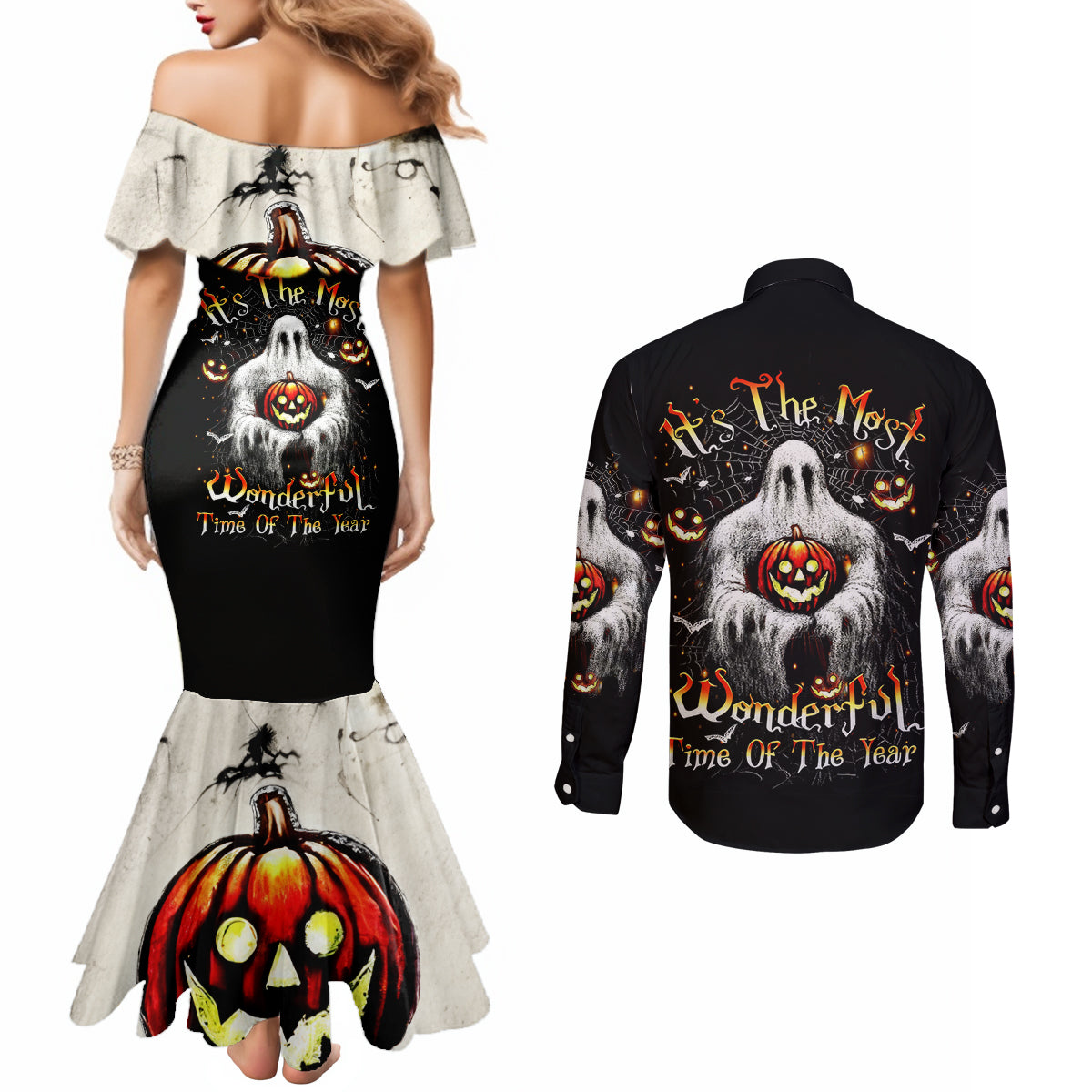 Ghost Halloween Couples Matching Mermaid Dress and Long Sleeve Button Shirt It's The Most Wonderfull Time Of The Year DT01