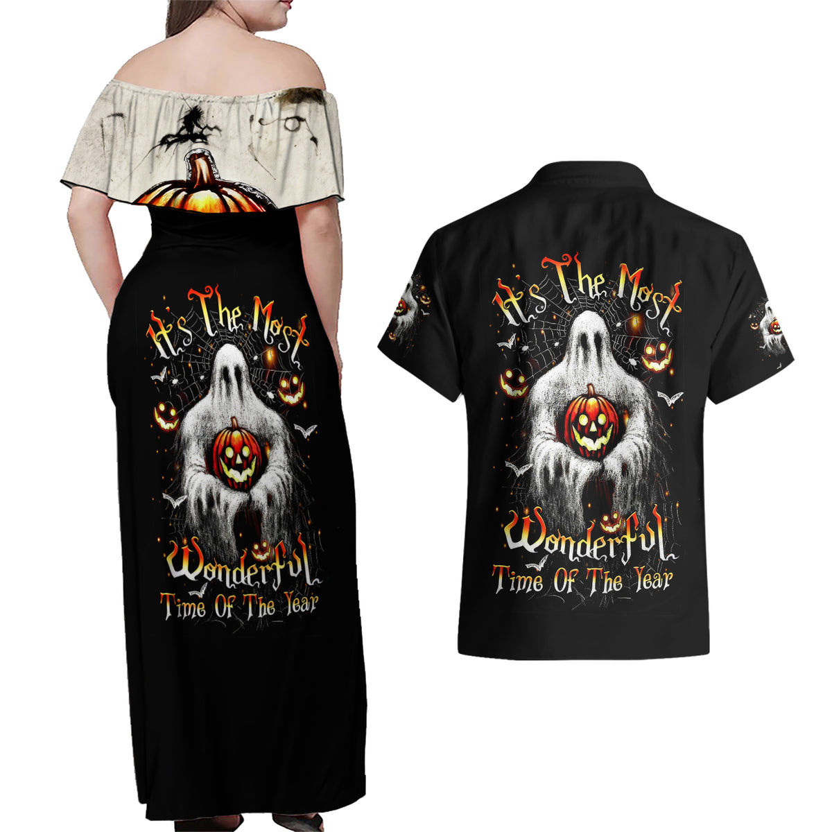 Ghost Halloween Couples Matching Off Shoulder Maxi Dress and Hawaiian Shirt It's The Most Wonderfull Time Of The Year - Wonder Print Shop