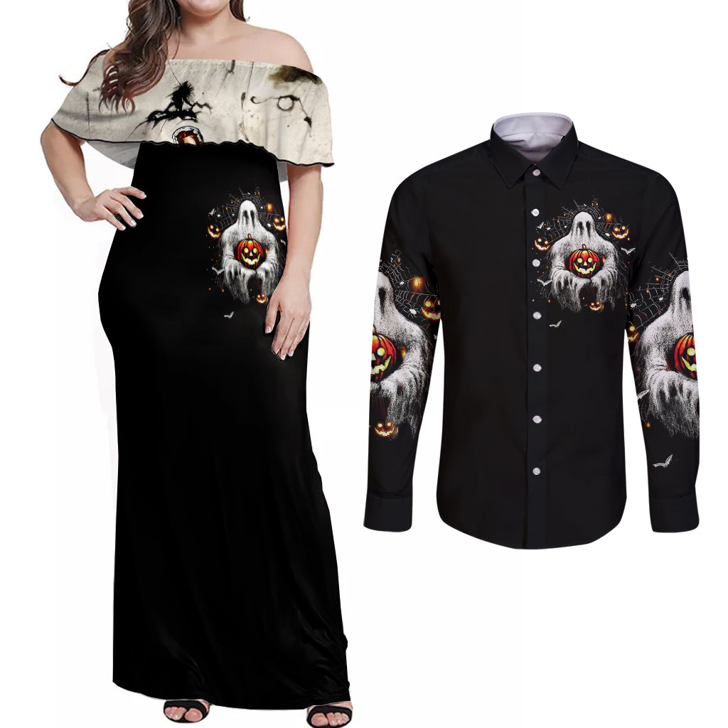 Ghost Halloween Couples Matching Off Shoulder Maxi Dress and Long Sleeve Button Shirt It's The Most Wonderfull Time Of The Year - Wonder Print Shop