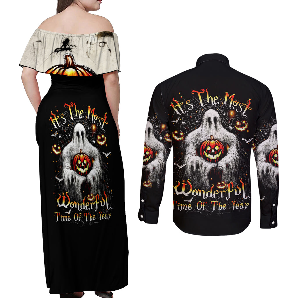 Ghost Halloween Couples Matching Off Shoulder Maxi Dress and Long Sleeve Button Shirt It's The Most Wonderfull Time Of The Year - Wonder Print Shop