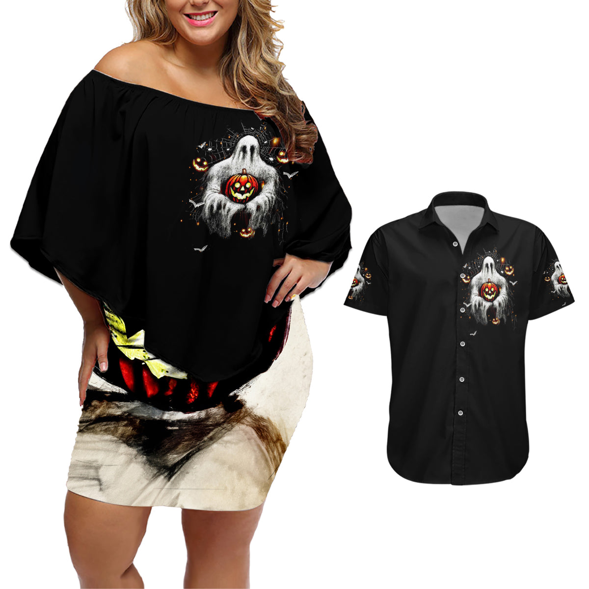 Ghost Halloween Couples Matching Off Shoulder Short Dress and Hawaiian Shirt It's The Most Wonderfull Time Of The Year - Wonder Print Shop