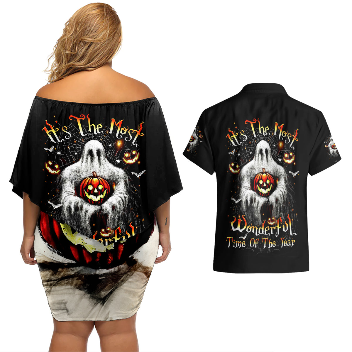 Ghost Halloween Couples Matching Off Shoulder Short Dress and Hawaiian Shirt It's The Most Wonderfull Time Of The Year - Wonder Print Shop