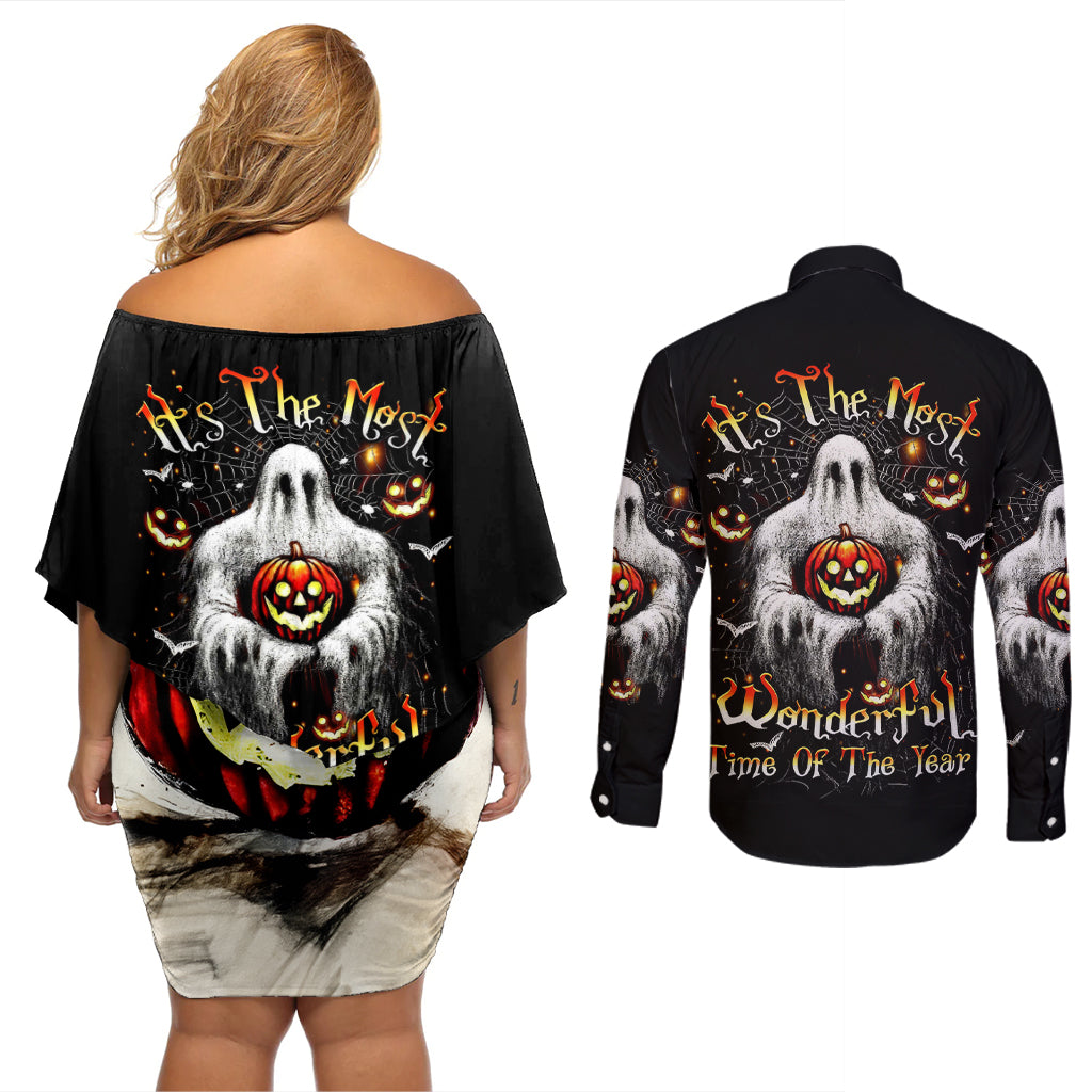 Ghost Halloween Couples Matching Off Shoulder Short Dress and Long Sleeve Button Shirt It's The Most Wonderfull Time Of The Year - Wonder Print Shop