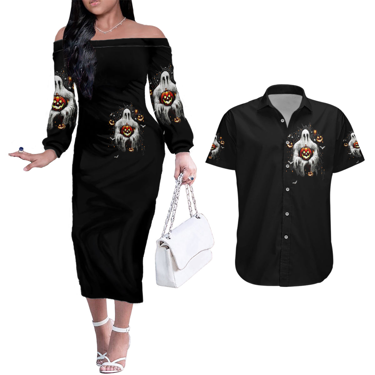 Ghost Halloween Couples Matching Off The Shoulder Long Sleeve Dress and Hawaiian Shirt It's The Most Wonderfull Time Of The Year - Wonder Print Shop