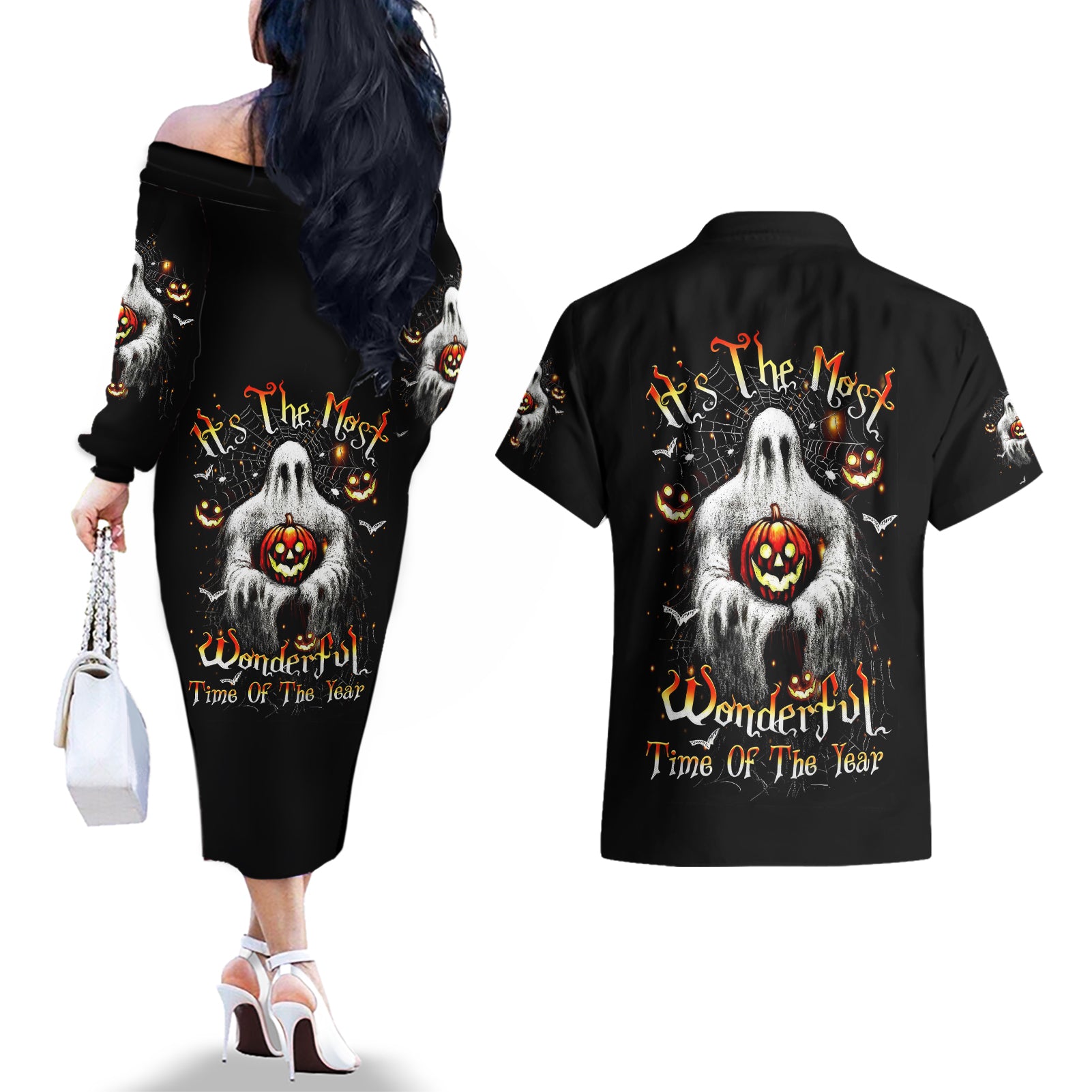 Ghost Halloween Couples Matching Off The Shoulder Long Sleeve Dress and Hawaiian Shirt It's The Most Wonderfull Time Of The Year - Wonder Print Shop