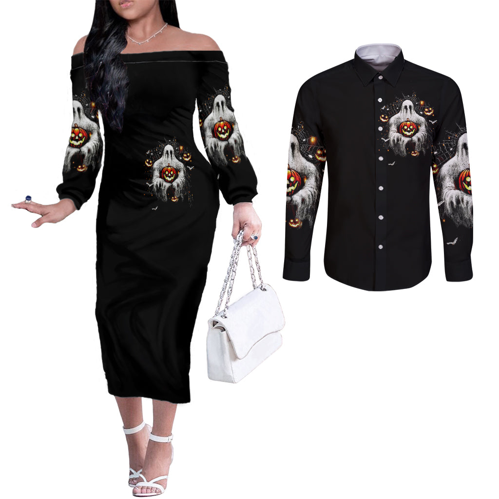 Ghost Halloween Couples Matching Off The Shoulder Long Sleeve Dress and Long Sleeve Button Shirt It's The Most Wonderfull Time Of The Year DT01