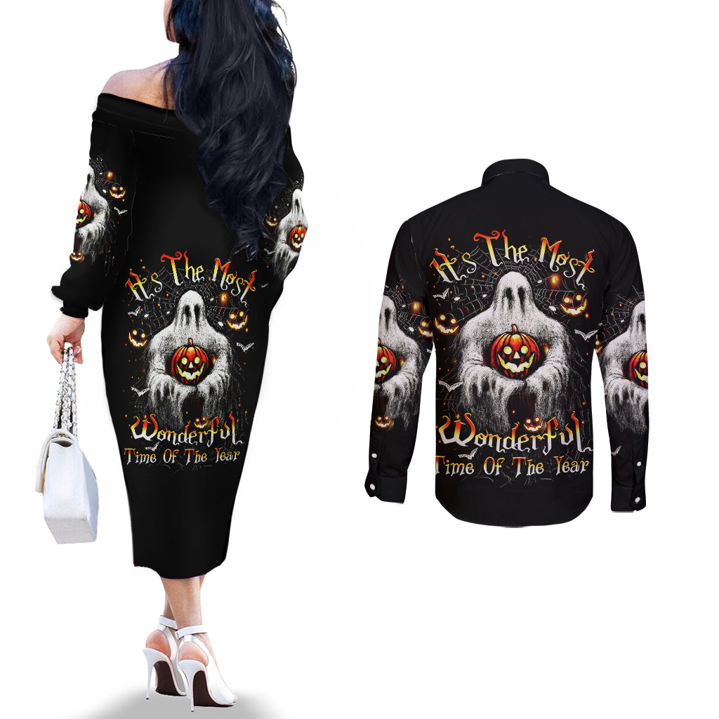 Ghost Halloween Couples Matching Off The Shoulder Long Sleeve Dress and Long Sleeve Button Shirt It's The Most Wonderfull Time Of The Year DT01