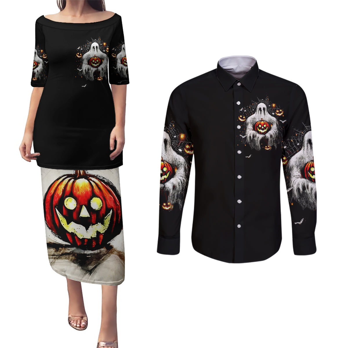 Ghost Halloween Couples Matching Puletasi Dress and Long Sleeve Button Shirt It's The Most Wonderfull Time Of The Year - Wonder Print Shop