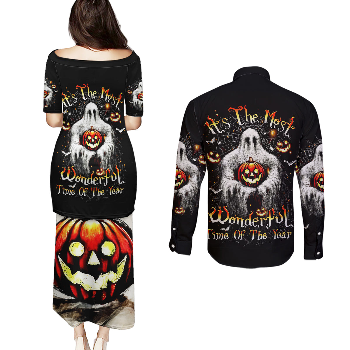 Ghost Halloween Couples Matching Puletasi Dress and Long Sleeve Button Shirt It's The Most Wonderfull Time Of The Year - Wonder Print Shop