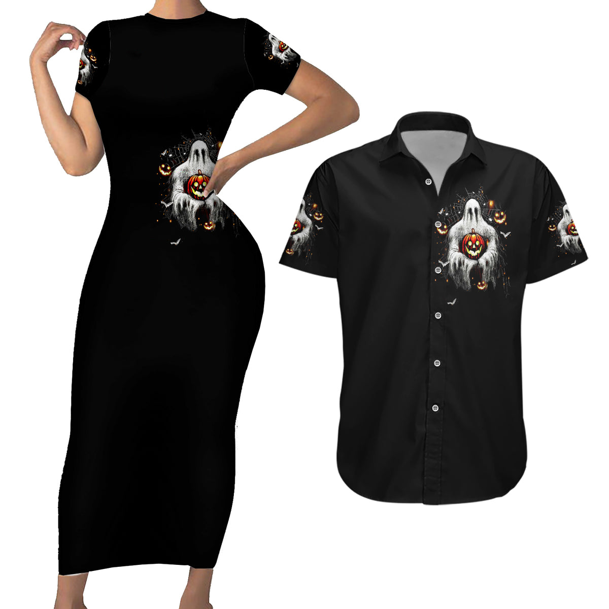 Ghost Halloween Couples Matching Short Sleeve Bodycon Dress and Hawaiian Shirt It's The Most Wonderfull Time Of The Year - Wonder Print Shop