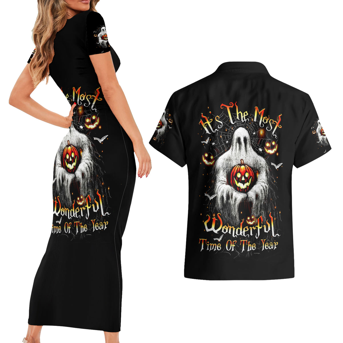 Ghost Halloween Couples Matching Short Sleeve Bodycon Dress and Hawaiian Shirt It's The Most Wonderfull Time Of The Year - Wonder Print Shop