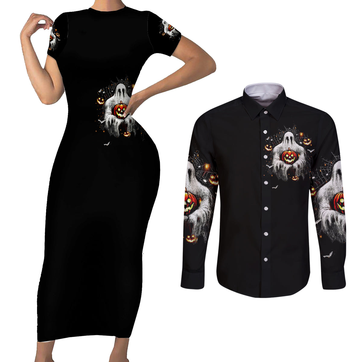 Ghost Halloween Couples Matching Short Sleeve Bodycon Dress and Long Sleeve Button Shirt It's The Most Wonderfull Time Of The Year - Wonder Print Shop