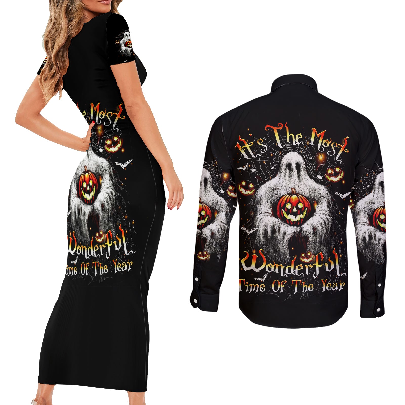 Ghost Halloween Couples Matching Short Sleeve Bodycon Dress and Long Sleeve Button Shirt It's The Most Wonderfull Time Of The Year - Wonder Print Shop