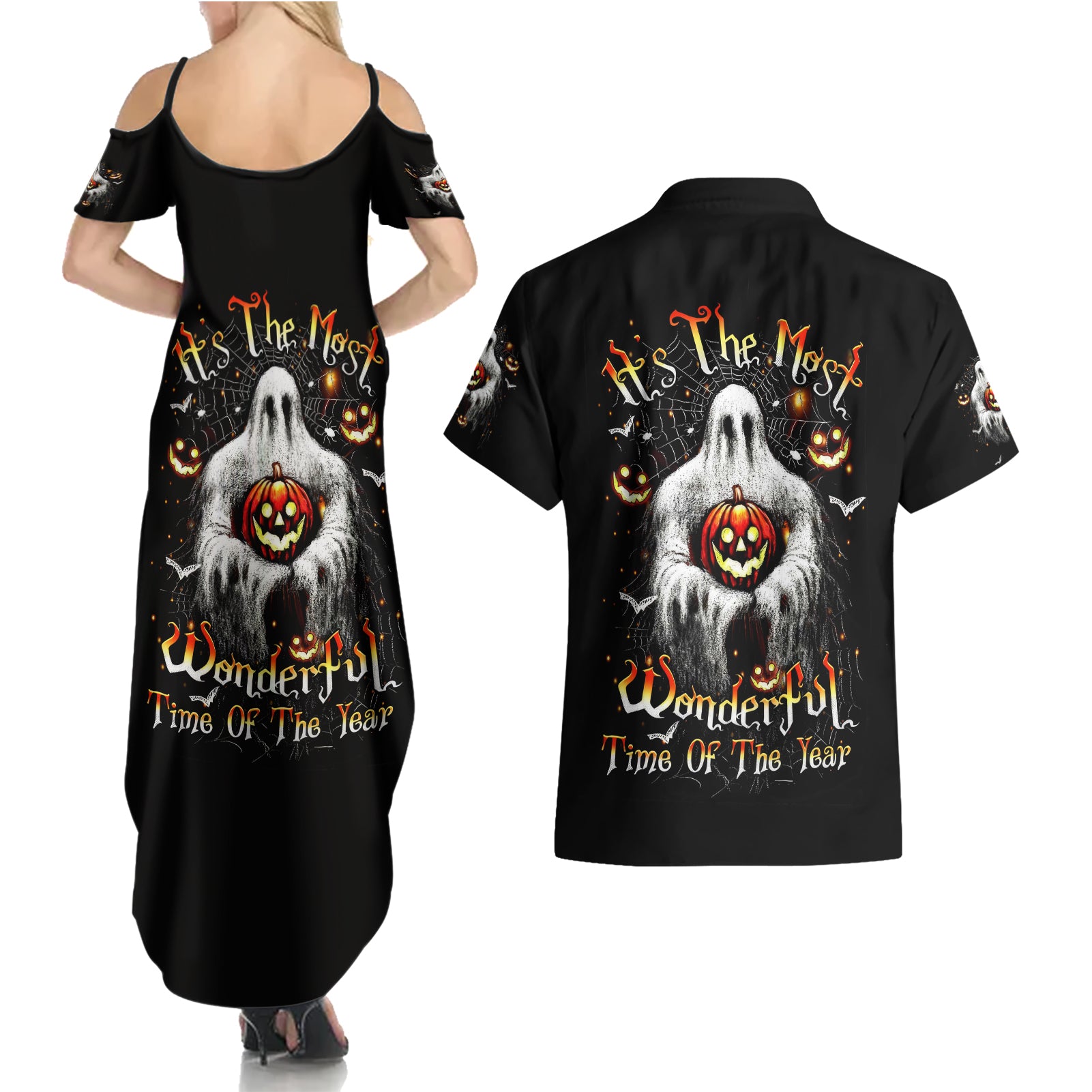 Ghost Halloween Couples Matching Summer Maxi Dress and Hawaiian Shirt It's The Most Wonderfull Time Of The Year - Wonder Print Shop