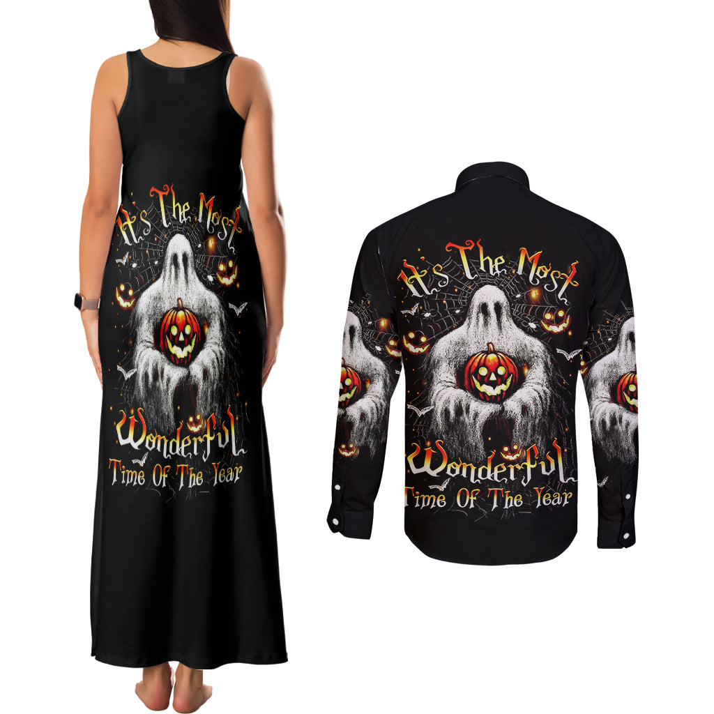 Ghost Halloween Couples Matching Tank Maxi Dress and Long Sleeve Button Shirt It's The Most Wonderfull Time Of The Year - Wonder Print Shop