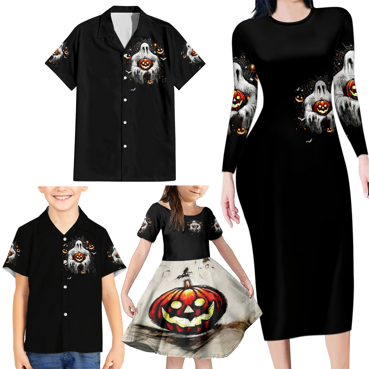 Ghost Halloween Family Matching Long Sleeve Bodycon Dress and Hawaiian Shirt It's The Most Wonderfull Time Of The Year - Wonder Print Shop