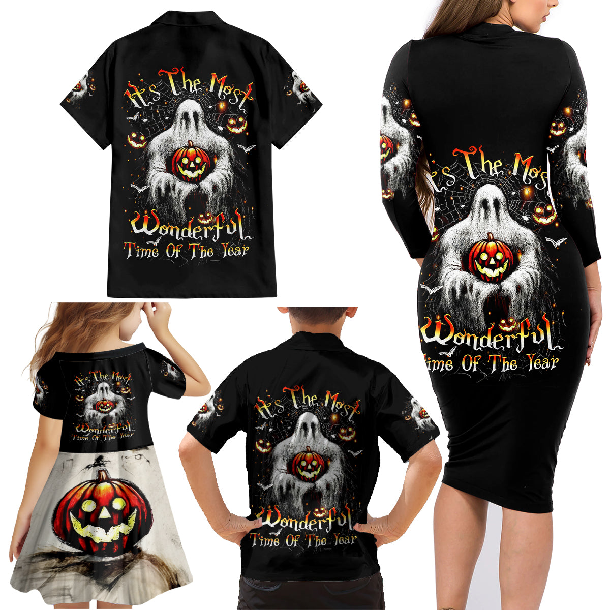 Ghost Halloween Family Matching Long Sleeve Bodycon Dress and Hawaiian Shirt It's The Most Wonderfull Time Of The Year - Wonder Print Shop