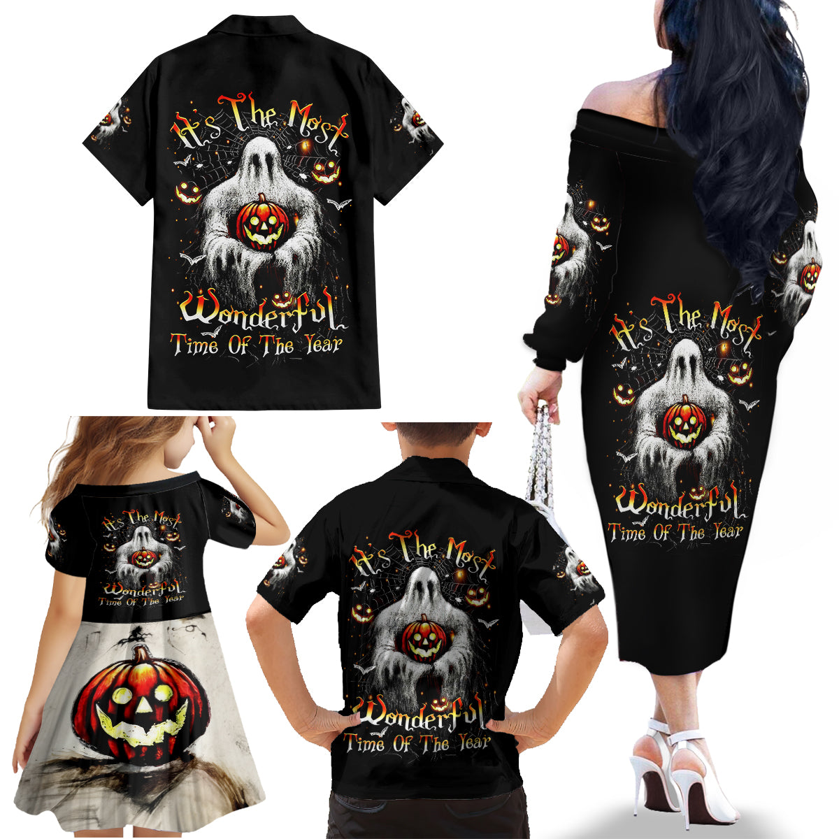 Ghost Halloween Family Matching Off Shoulder Long Sleeve Dress and Hawaiian Shirt It's The Most Wonderfull Time Of The Year - Wonder Print Shop