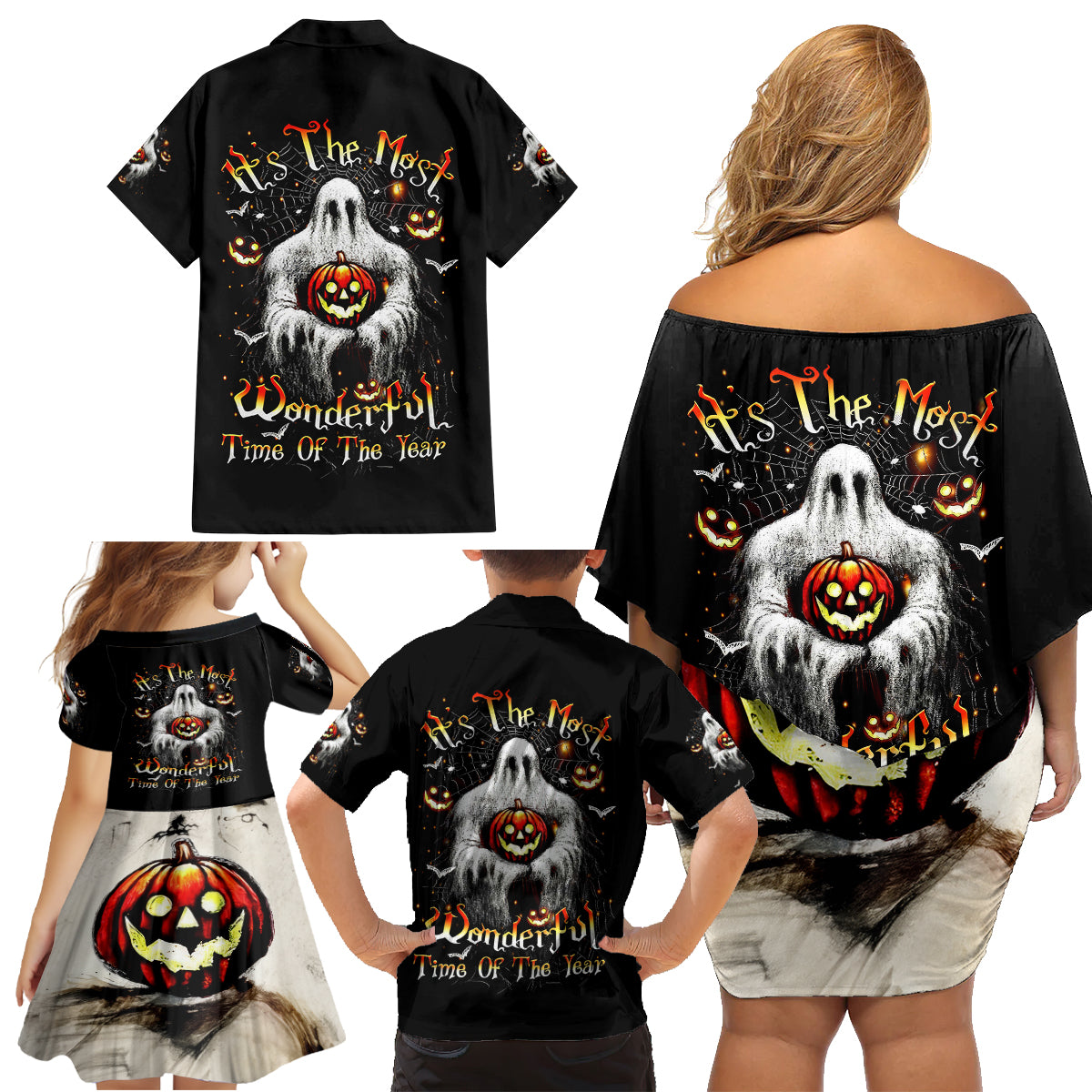 Ghost Halloween Family Matching Off Shoulder Short Dress and Hawaiian Shirt It's The Most Wonderfull Time Of The Year - Wonder Print Shop