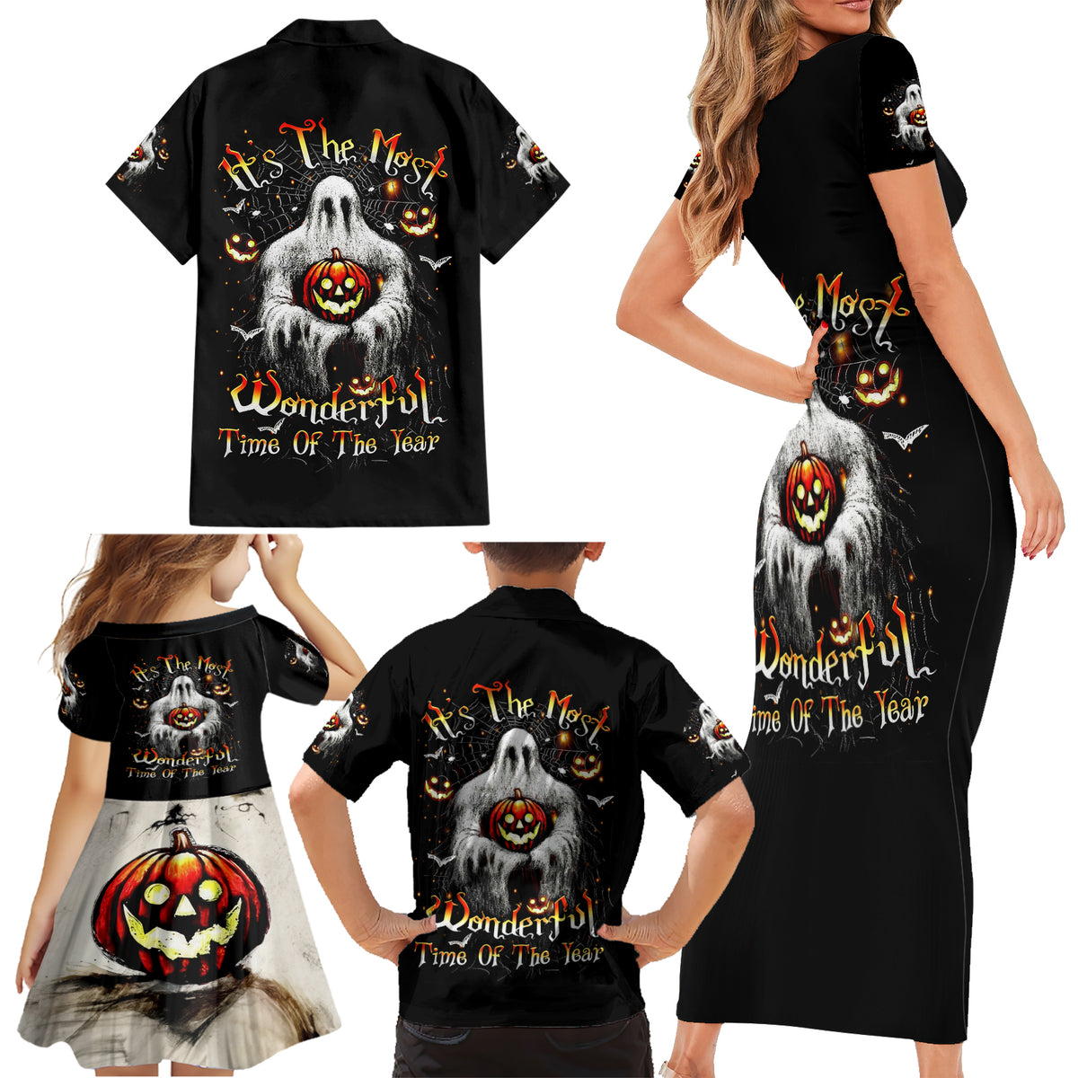Ghost Halloween Family Matching Short Sleeve Bodycon Dress and Hawaiian Shirt It's The Most Wonderfull Time Of The Year - Wonder Print Shop
