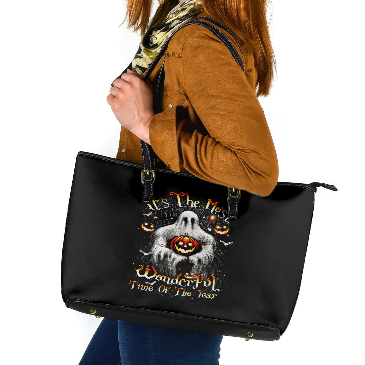 Ghost Halloween Leather Tote Bag It's The Most Wonderfull Time Of The Year - Wonder Print Shop