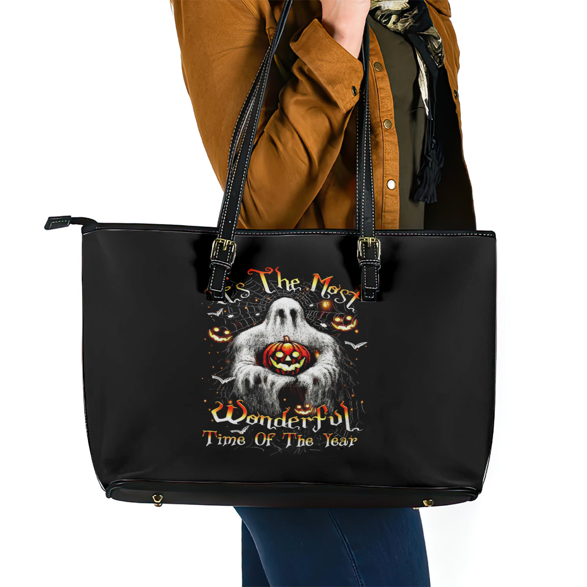 Ghost Halloween Leather Tote Bag It's The Most Wonderfull Time Of The Year - Wonder Print Shop