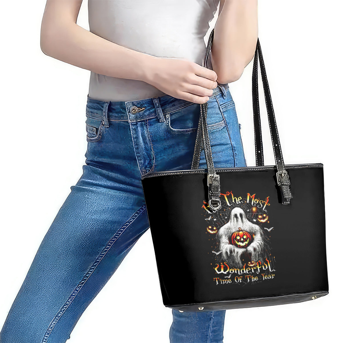 Ghost Halloween Leather Tote Bag It's The Most Wonderfull Time Of The Year - Wonder Print Shop