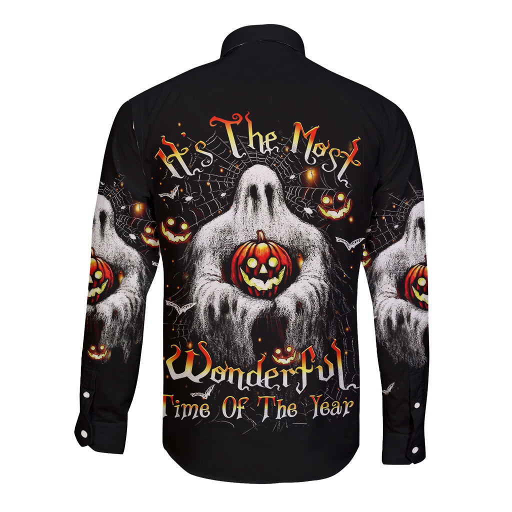Ghost Halloween Long Sleeve Button Shirt It's The Most Wonderfull Time Of The Year - Wonder Print Shop