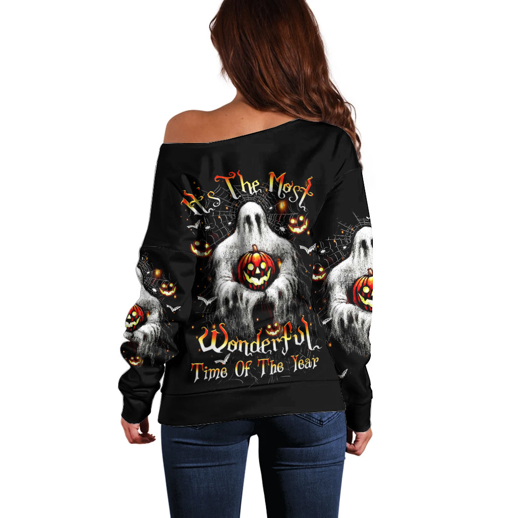 Ghost Halloween Off Shoulder Sweater It's The Most Wonderfull Time Of The Year - Wonder Print Shop