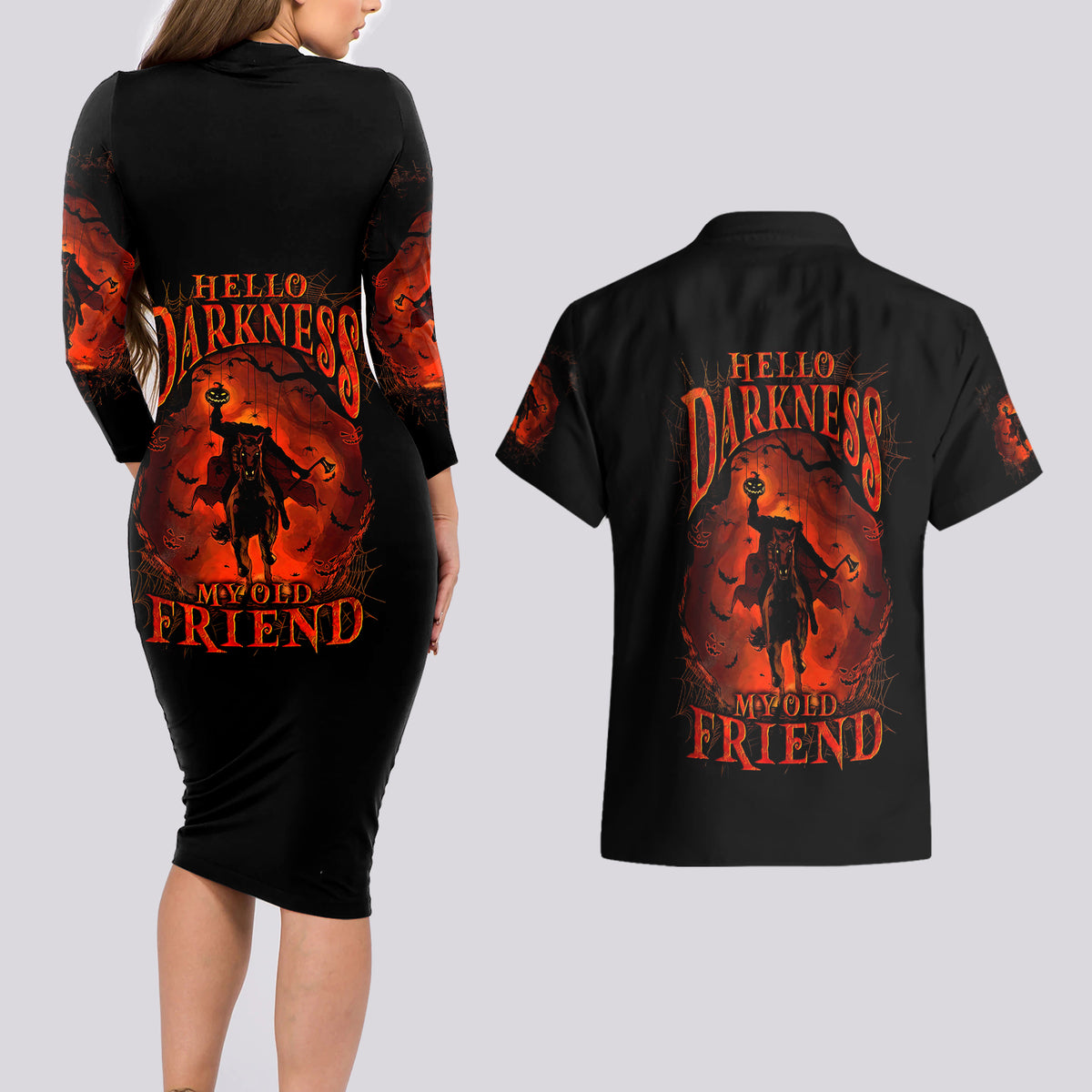 Jack O Lantern Skull Couples Matching Long Sleeve Bodycon Dress and Hawaiian Shirt Hello Darkness My Old Friend - Wonder Print Shop