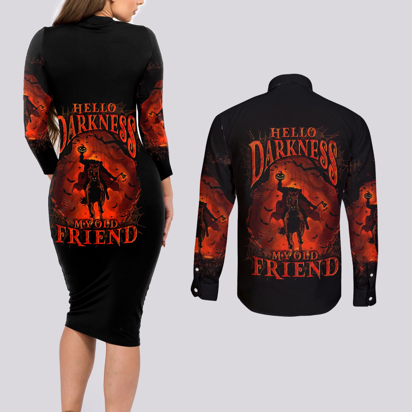 Jack O Lantern Skull Couples Matching Long Sleeve Bodycon Dress and Long Sleeve Button Shirt Hello Darkness My Old Friend - Wonder Print Shop
