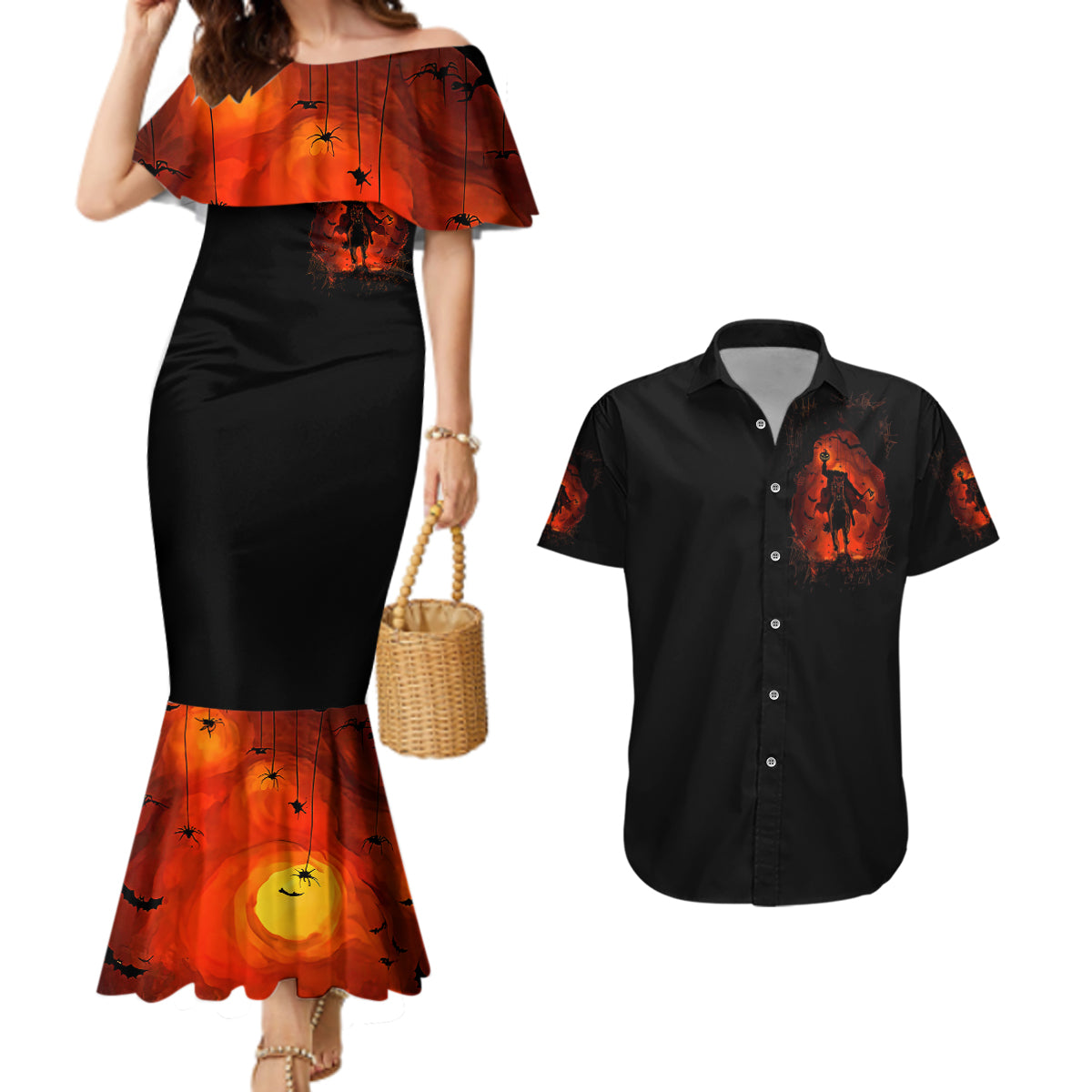 Jack O Lantern Skull Couples Matching Mermaid Dress and Hawaiian Shirt Hello Darkness My Old Friend - Wonder Print Shop