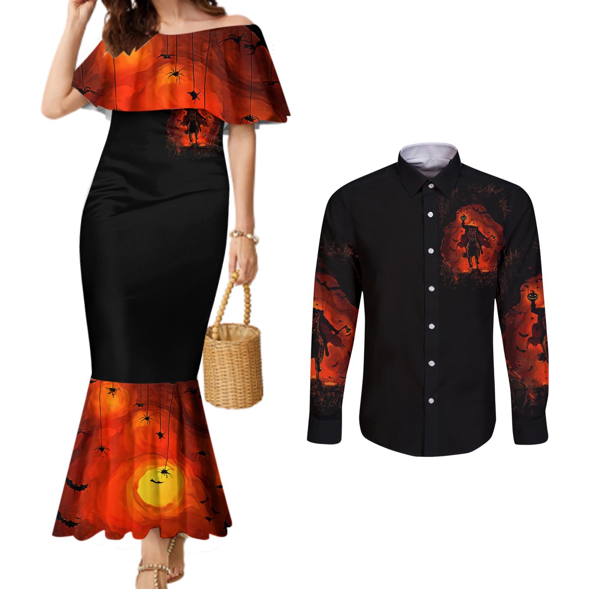 Jack O Lantern Skull Couples Matching Mermaid Dress and Long Sleeve Button Shirt Hello Darkness My Old Friend DT01