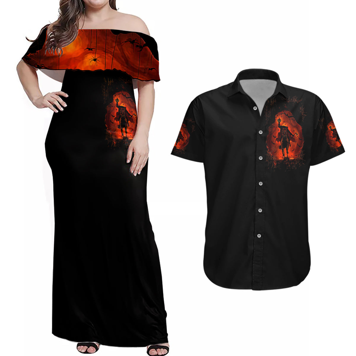 Jack O Lantern Skull Couples Matching Off Shoulder Maxi Dress and Hawaiian Shirt Hello Darkness My Old Friend - Wonder Print Shop