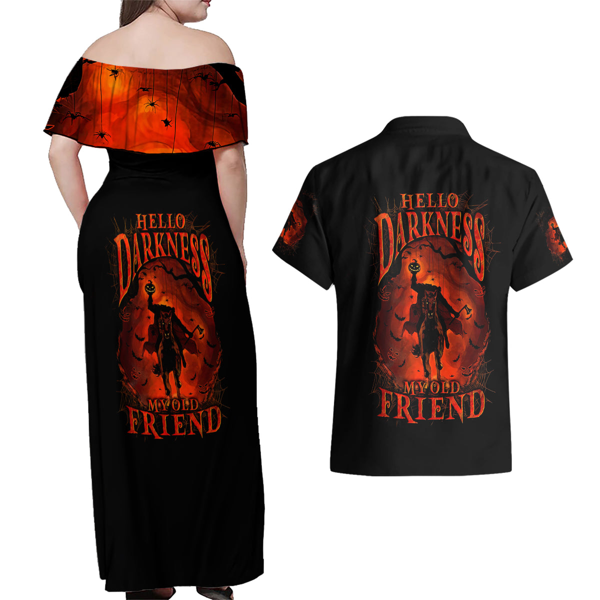 Jack O Lantern Skull Couples Matching Off Shoulder Maxi Dress and Hawaiian Shirt Hello Darkness My Old Friend - Wonder Print Shop
