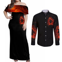 Jack O Lantern Skull Couples Matching Off Shoulder Maxi Dress and Long Sleeve Button Shirt Hello Darkness My Old Friend - Wonder Print Shop
