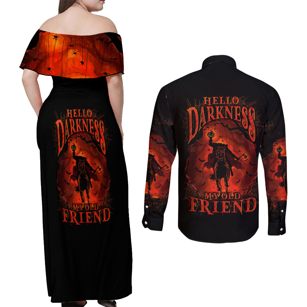 Jack O Lantern Skull Couples Matching Off Shoulder Maxi Dress and Long Sleeve Button Shirt Hello Darkness My Old Friend - Wonder Print Shop