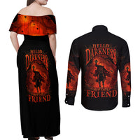 Jack O Lantern Skull Couples Matching Off Shoulder Maxi Dress and Long Sleeve Button Shirt Hello Darkness My Old Friend - Wonder Print Shop