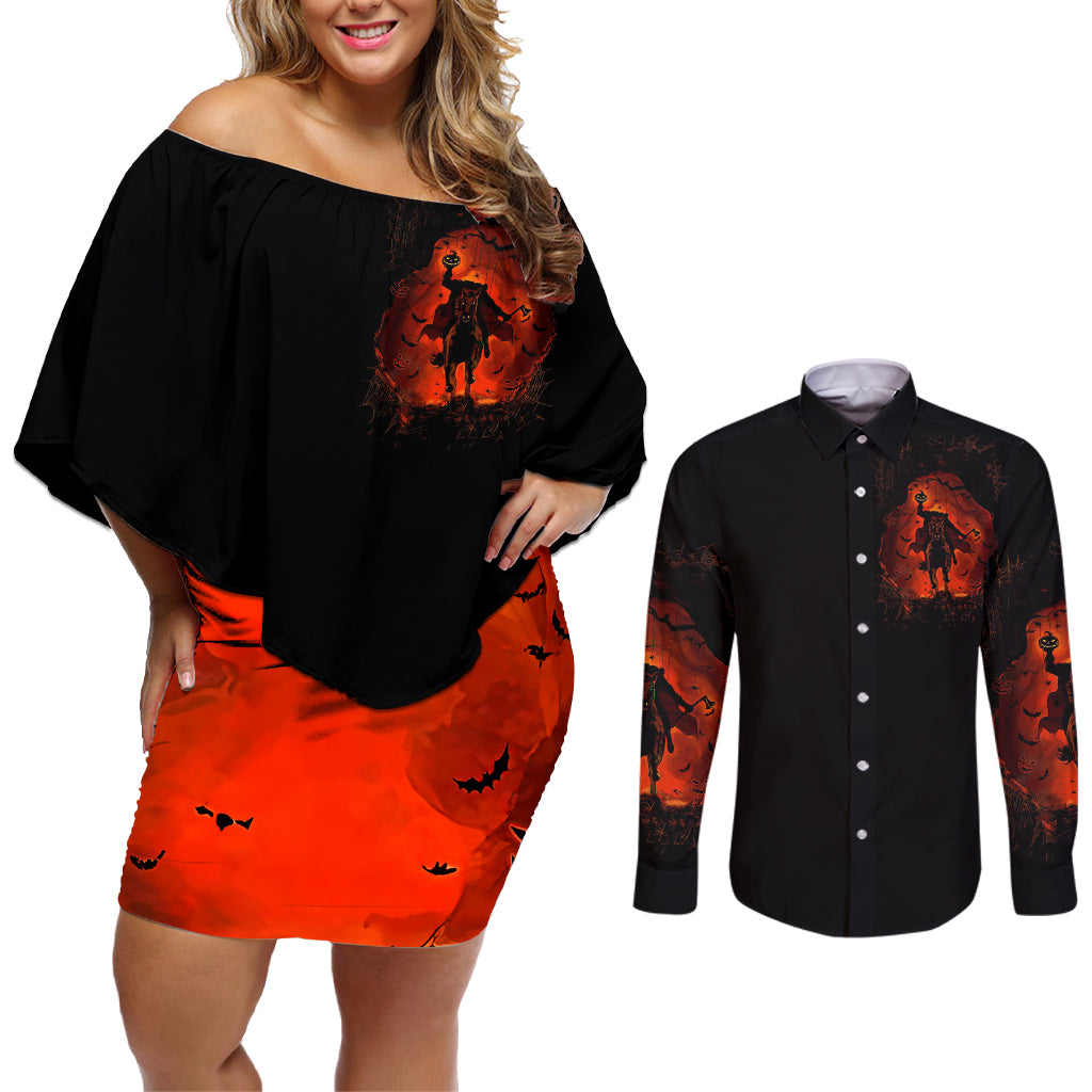 Jack O Lantern Skull Couples Matching Off Shoulder Short Dress and Long Sleeve Button Shirt Hello Darkness My Old Friend - Wonder Print Shop